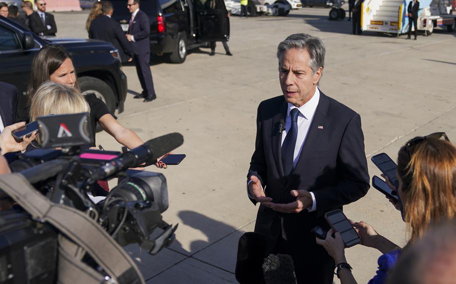 U.S. Secretary of State Antony Blinken speaks with members of the media at Ben Gurion International Airport in Tel Aviv, Israel, Oct. 23, 2024.