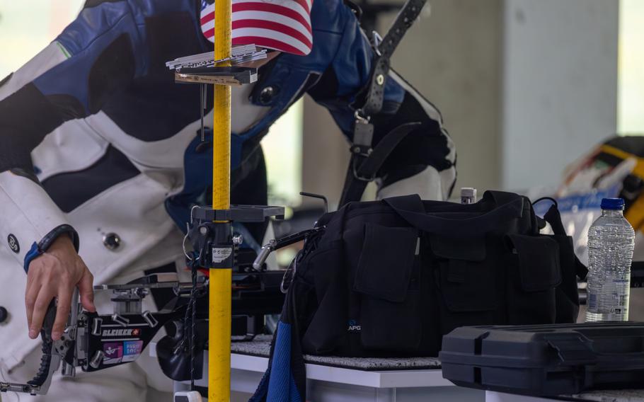 Army Sgt. Sagen Maddalena of the United States competes in the 50m rifle 3 positions women’s qualification round at the 2024 Summer Olympics, Thursday, Aug. 1, 2024, in Chateauroux, France. 