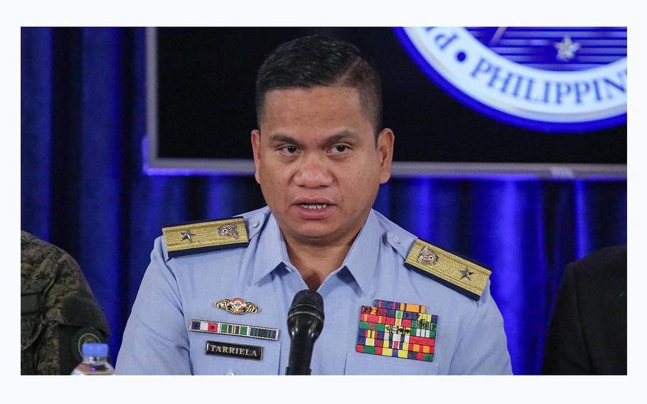 Commodore Jay Tarriela, spokesperson of the Philippine Coast Guard on the South China Sea, speaks during a briefing in Manila on Dec. 11, 2023. 