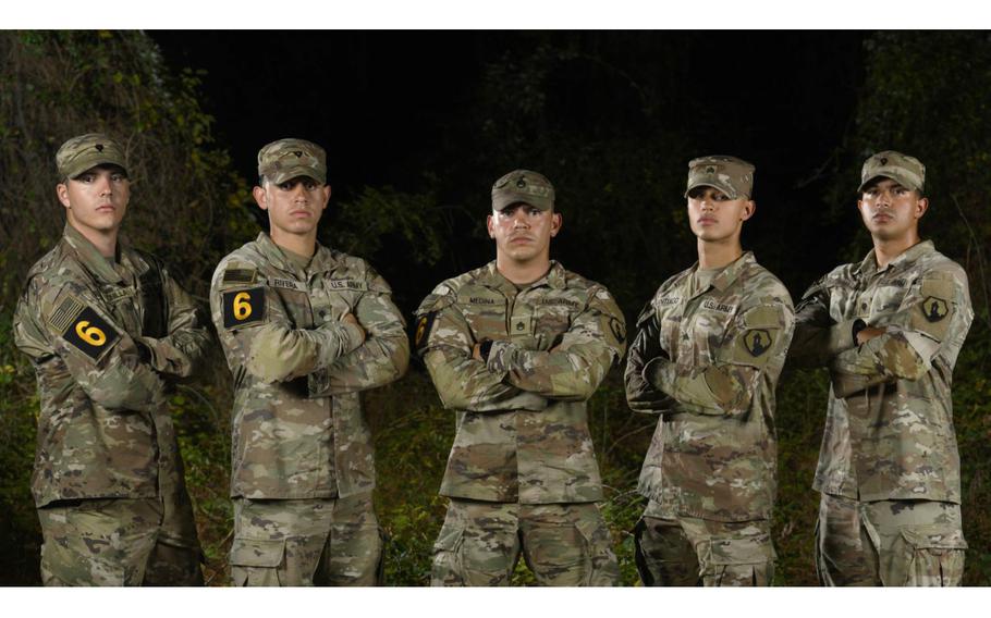 Five members of the squad representing U.S. Army Reserve in the 2024 Best Squad Competition.