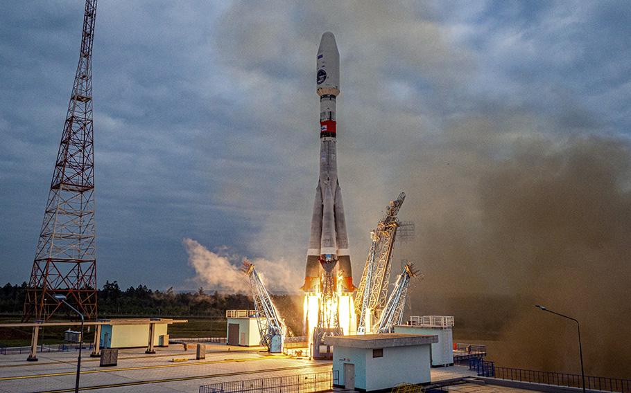 A video screen grab shows the Soyuz-2.1b rocket with the moon lander Luna-25 automatic station taking off from a launch pad at the Vostochny Cosmodrome in the Russian Far East on Aug. 11, 2023. The Russian lunar lander is expected to reach the moon on Aug. 23, about the same day as an Indian craft which was launched on July 14. 