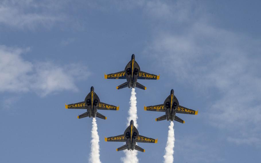 The Blue Angels preform at the Frontiers in Flight Air Show on Aug. 24, 2024, at McConnell Air Force Base, Kan. 