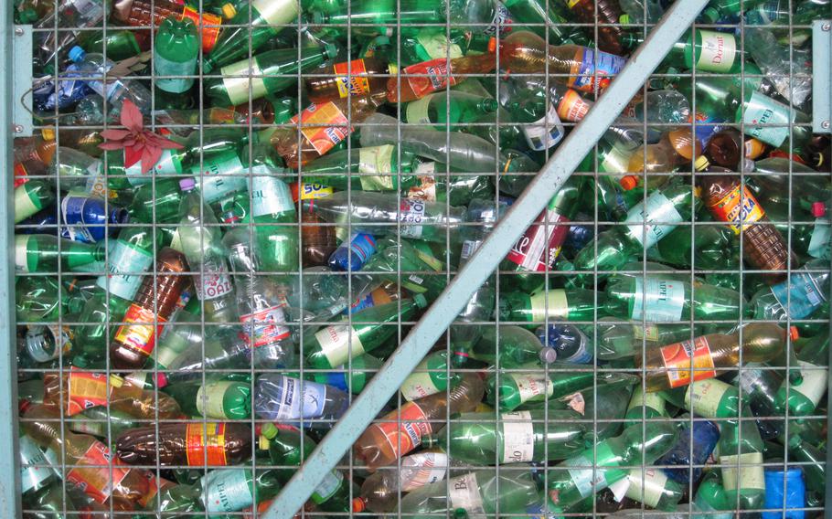 Separated plastic botles in a recycling plant.