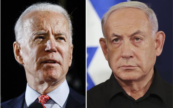 Side-by-side portraits of Joe Biden and Benjamin Netanyahu.