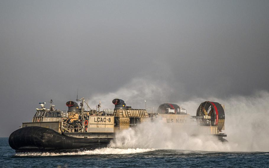 The U.S. Navy's Landing Craft Air Cushion (LCAC) hovers during the Super Garuda Shield 2023 joint military exercise including Indonesia, Japan, Singapore and the U.S. in Situbondo, East Java, on Sept. 10, 2023.
