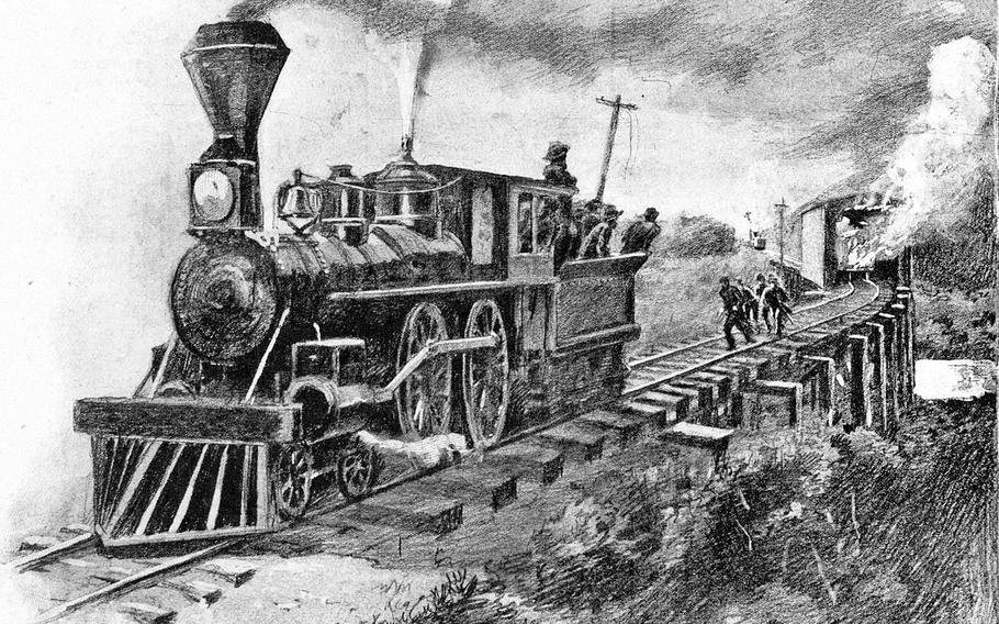 In one of the earliest special operations in Army history, Union soldiers dressed as civilians to infiltrate the Confederacy, hijack a train and drive it north for 87 miles, destroying enemy infrastructure along the way. This became known as the Great Locomotive Chase. The drawing is of the locomotive known as the General commandeered by the group. 