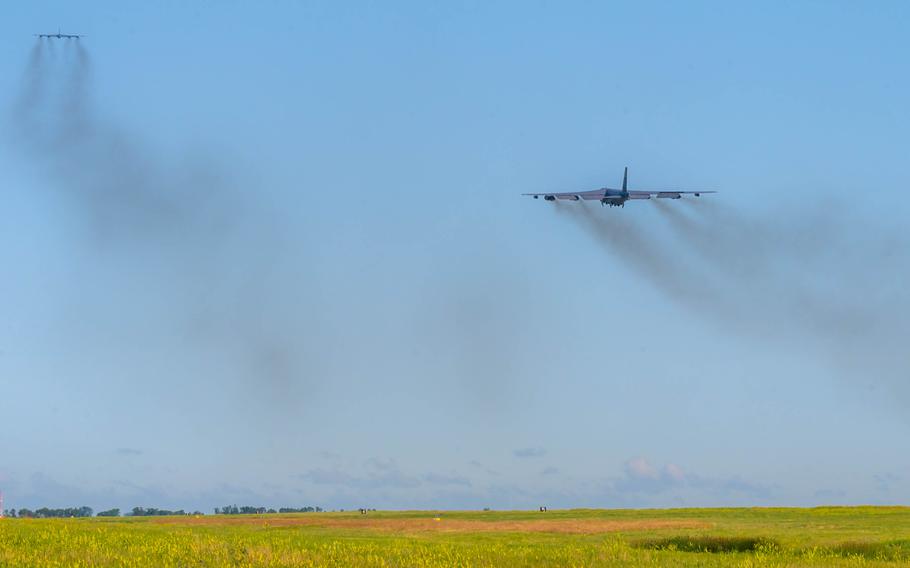 Two B-52H stratofortresses takes off in support of exercise Agile Warbird at Minot Air Force Base, N.D., July 15, 2024. 