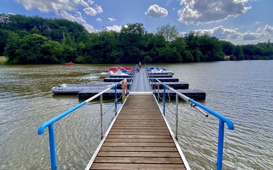 Pedal boats can be rented from April through October at the Ohmbachsee in Gries, Germany.