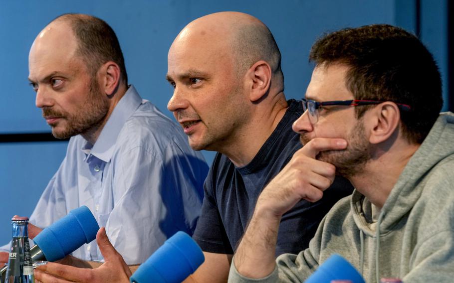 Freed Russian prisoners, from left, Vladimir Kara-Murza, Andrei Pivovarov and Ilya Yashin speak at a press conference in Bonn, Germany, on Aug. 2, 2024, a day after they were released as part of a 24-person prisoner swap between Russia and the U.S.