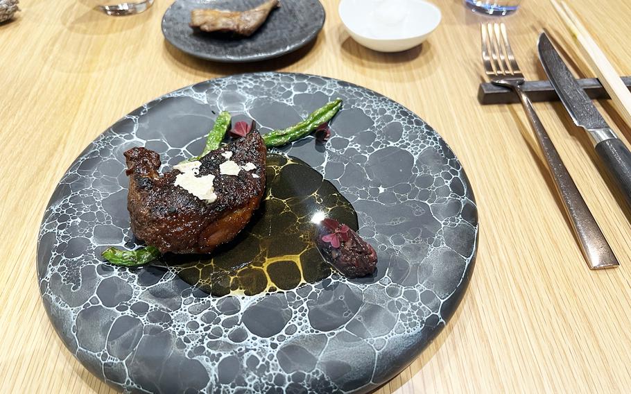 Pigeon, with the liver and a wing served on the side, at Maison Kei in Gotemba, Japan.