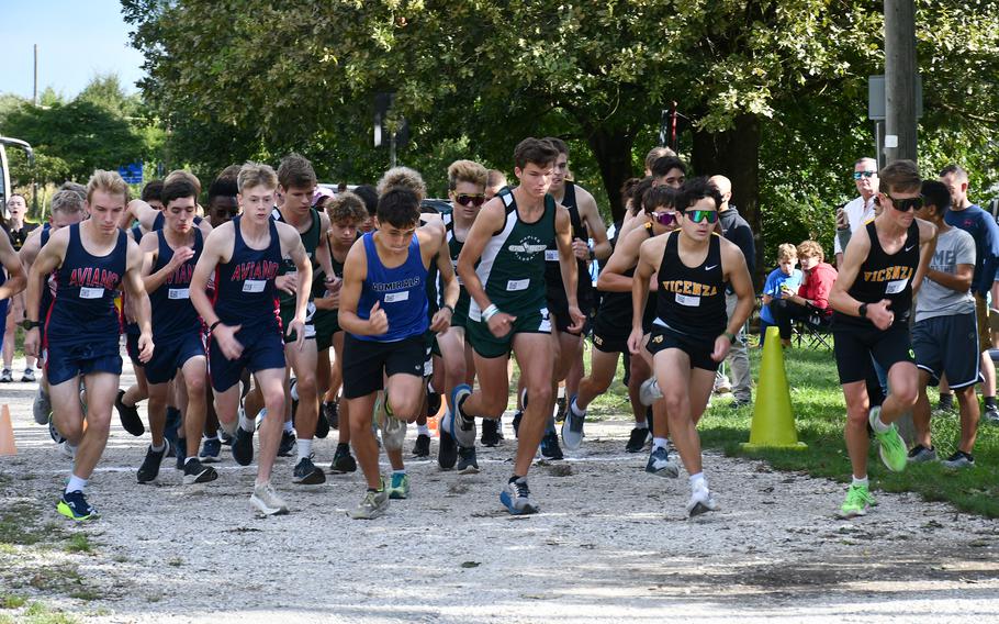 High school boys from Vicenza, Aviano, Naples, Sigonella and Rota take off around Lago di Fimon near Vicenza, Italy, on Saturday , Sept. 14, 2024, in their second DODEA-Europe cross country meet of the season.