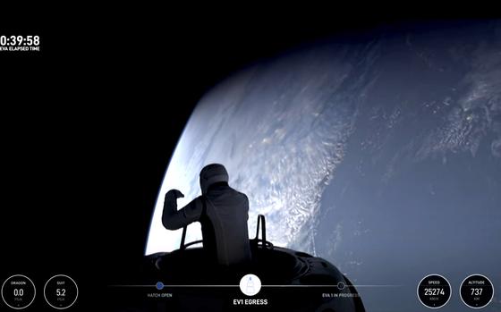 This image made from a SpaceX video shows the start of the first private spacewalk led by tech billionaire Jared Isaacman Thursday Sept. 12, 2024. (SpaceX via AP)