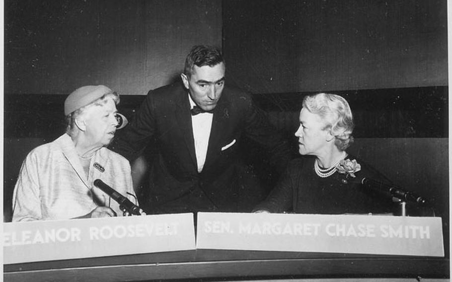Eleanor Roosevelt, left, and Margaret Chase Smith at the first televised presidential debate on Nov. 4, 1956. 