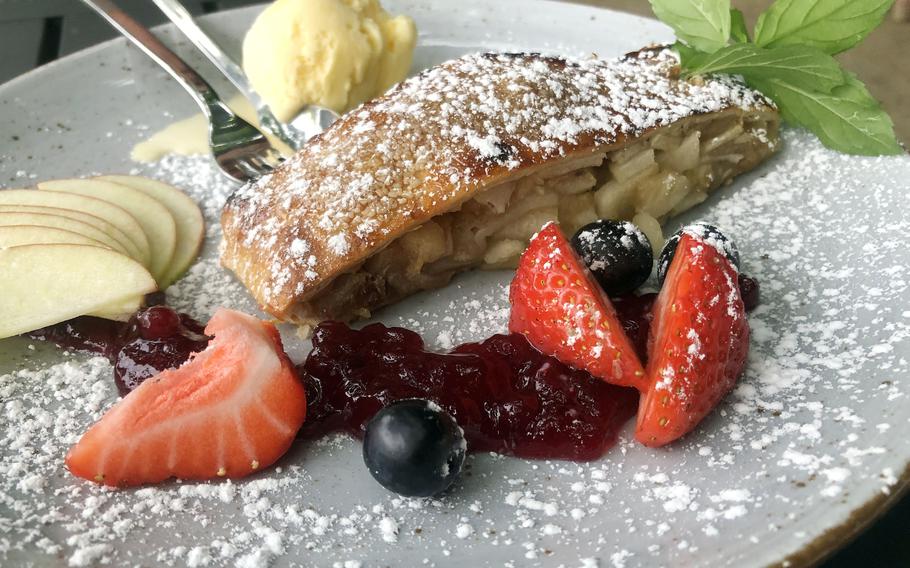 Degenhardt's apple strudel is served with a scoop of vanilla ice cream and assorted fruit, a delicious and refreshing combination.