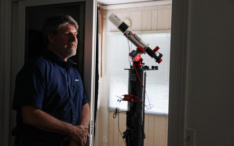 Bob Stephens is an amateur astronomer who mans a backyard telescope that he’s using to observe a star that is expected to explode within the next month. Astronomers are expecting a massive explosion a hundred thousand times brighter than the sun on a nearby star sometime before August. The explosion will be visible to the naked eye on Earth and enable new science. He is photographed next to an observation room containing a mounted Borg 101. 101mm F/6.3, telescope attached to a ZWO AsI174mm camera. 