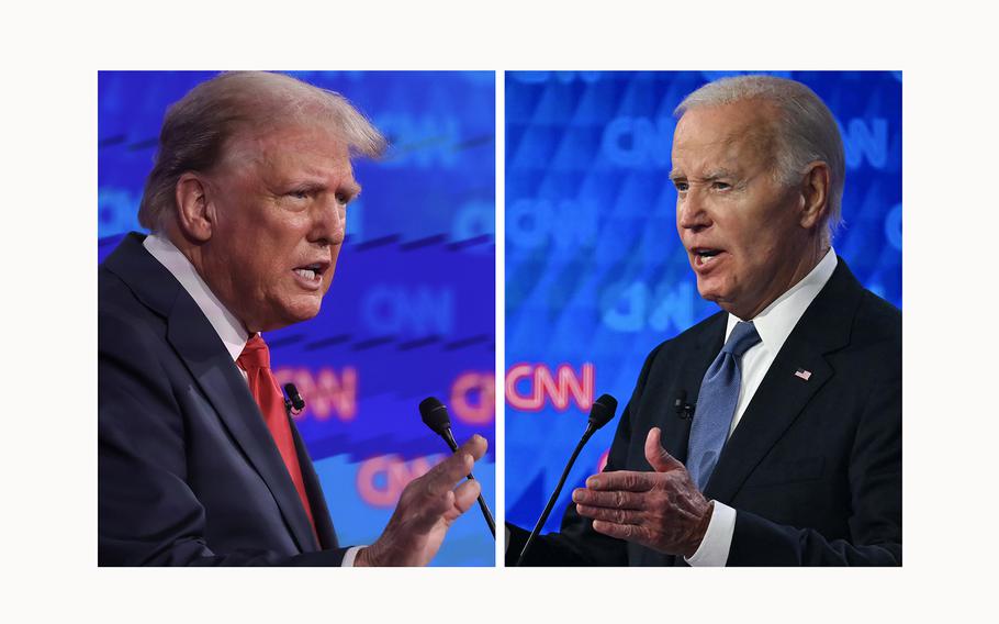 Former President Donald Trump and President Joe Biden face off during their first presidential debate at CNN, Thursday, June 27, 2024, in Atlanta.