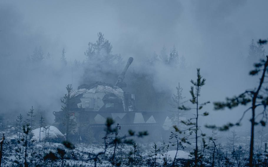 An K9 howitzer fires live artillery rounds during exercise Dynamic Front.