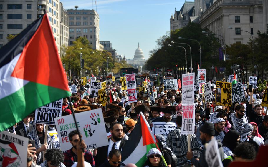 Protesters on Nov. 4, 2023, filled and flowed beyond Washington's Freedom Plaza, a block from the White House, calling for a cease-fire in Gaza.