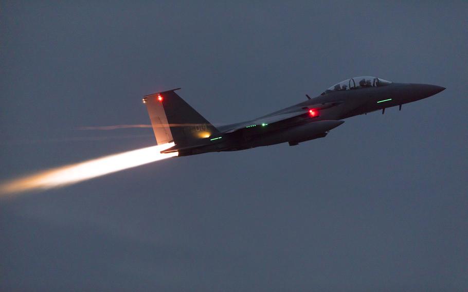 A South Korean air force F-15K Slam Eagle takes off from Gwangju Air Base, South Korea, April 19, 2023.