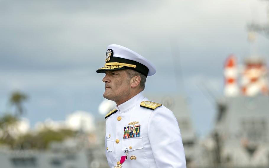 Rear Adm. Jeffrey Jablon departs the fast-attack submarine USS Missouri at Joint Base Pearl Habor-Hickam, Hawaii, June 15, 2023. Rear Adm. Rick Seif relieved Jablon as commander of U.S. Pacific Fleet's submarine force at a waterfront ceremony.