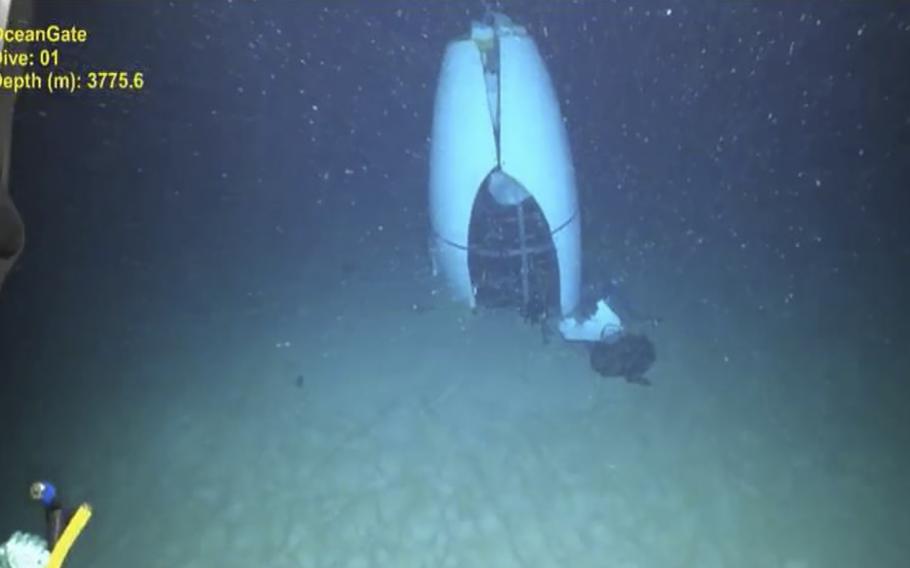 This June 2023 image provided by Pelagic Research Services shows remains of the Titan submersible on the floor of the Atlantic Ocean. 