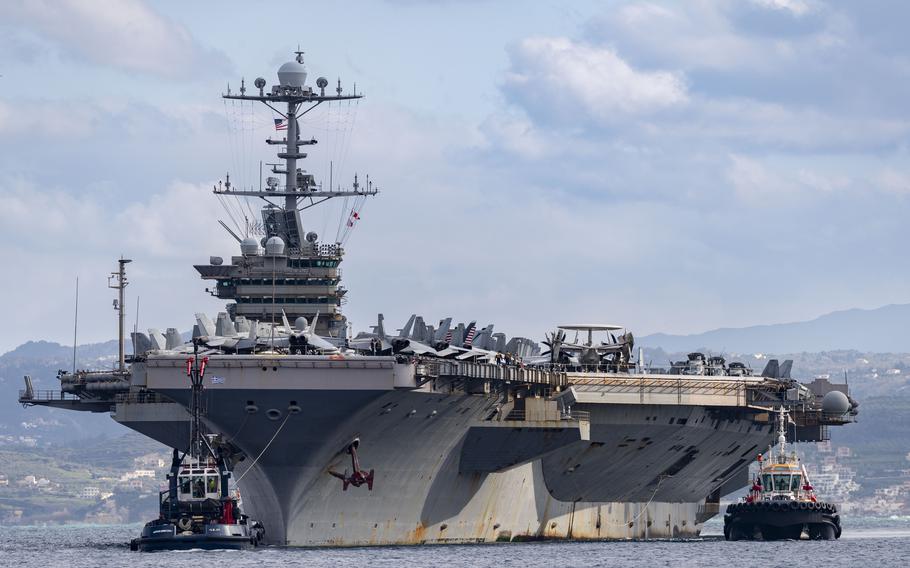 The aircraft carrier USS Harry S. Truman arrives at the NATO Marathi Pier Complex in Souda Bay, Crete.