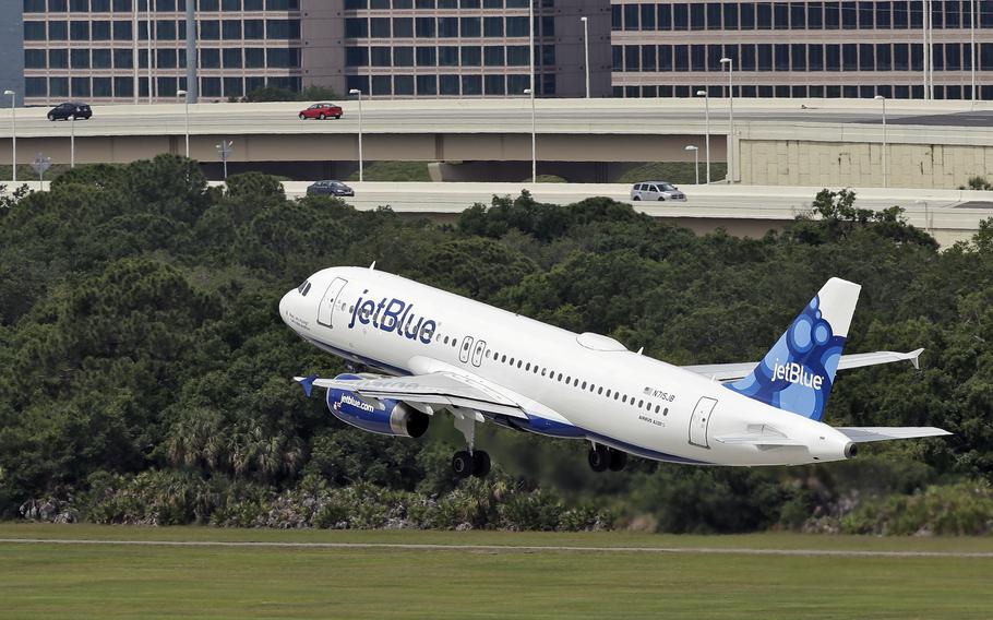 A JetBlue Airways Airbus A320-232 takes off from the Tampa International Airport.