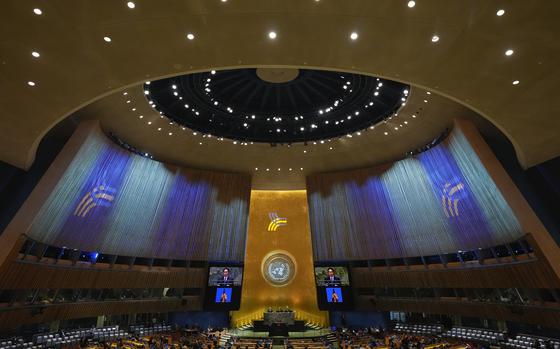 Japan's Prime Minister Fumio Kishida speaks to the United Nations General Assembly during Summit of the Future, Sunday, Sept. 22, 2024 at U.N. headquarters. (AP Photo/Frank Franklin II)