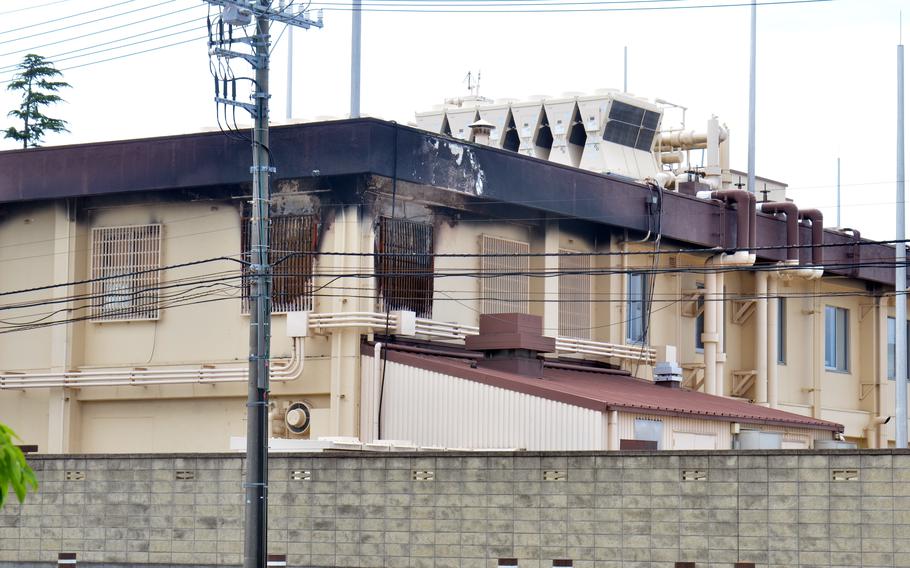 Damage from a May 2, 2024, fire remains visible at the headquarters of U.S. Forces Japan and 5th Air Force at Yokota Air Base, Japan, on May 21, 2024.