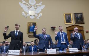 From left, Dr. Tim Gallaudet, Rear Admiral, U.S. Navy (RET.), Chief Executive Officer, Ocean STL Consulting, LLC, Luis Elizondo, Author, and Former Department of Defense Official, Michael Shellenberger, Founder of Public, and Michael Gold, Former NASA Associate Administrator of Space Policy and Partnerships; Member of NASA UAP Independent Study Team are sworn in
during a Committee on Oversight and Accountability hearing titled "Unidentified Anomalous Phenomena: Exposing the Truth", Wednesday, Nov. 13, 2024 in Washington. (Eric Kayne/Stars and Stripes)