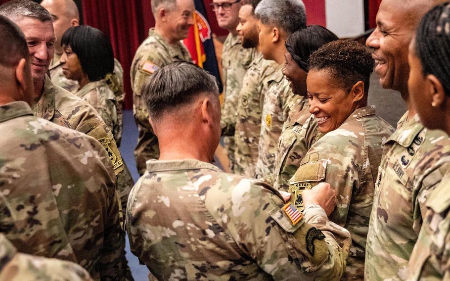 Members of the Southern European Task Force - Africa, based in Vicenza, Italy, added an “Africa” bar to their shoulder sleeve insignia on June 21, 2024. 