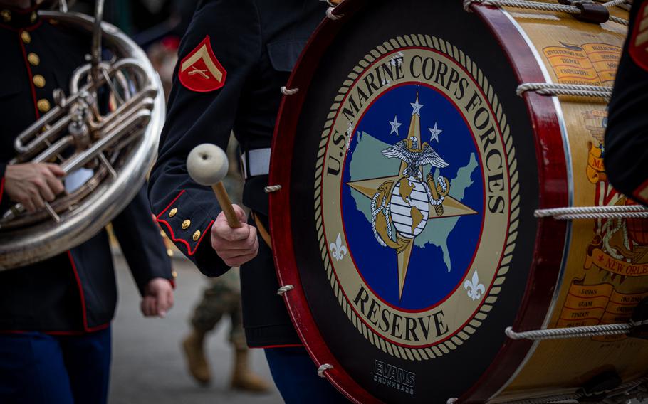 The Marine Forces Reserve logo on a drum