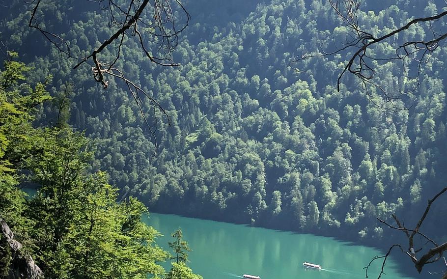 This image taken June 30, 2022 shows passenger boats traveling Konigssee, an 8-kilometer-long (5-mile) lake, at the heart of the Berchtesgaden National Park, wedged into the far southeastern corner of Germany’s Bavaria region, bordering Austria.