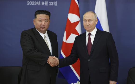 Russian President Vladimir Putin, right, and North Korean leader Kim Jong Un shake hands during their meeting at the Vostochny cosmodrome in Russia on Sept. 13, 2023. North Korean leader Kim hailed the country's relationship with Russia on Wednesday, June 12, 2024, as reports suggest that Russian President Putin will soon visit the isolated country for his third meeting with Kim.