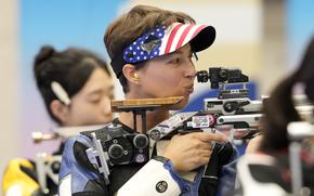 Sagen Maddalena of the United States reacts as she competes in the 10m air rifle women's final at the 2024 Summer Olympics, Monday, July 29, 2024, in Chateauroux, France. (AP Photo/Manish Swarup)