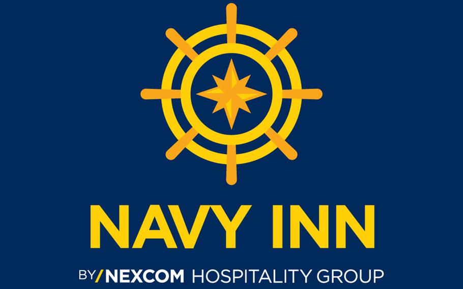 A yellow Navy Inn logo has a navy blue background.