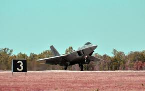 An F-22 Raptor fighter assigned to Joint Base Pearl Harbor-Hickam, Hawaii, lands at Royal Australian Air Force Base Tindal, Australia, on Sept. 1, 2022. 