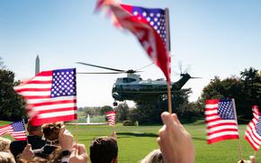 Marine One carrying President Donald Trump and First Lady Melania Trump departs the White House Oct. 22, 2020, en route to Joint Base Andrews, Md. The Trump campaign has disavowed the Heritage Foundation's Project 2025, which includes recommendations for changes to the U.S. military, following attacks by Democrats. But many of Trump's former appointees crafted the project and several of the proposals are in line with policies Trump has supported.