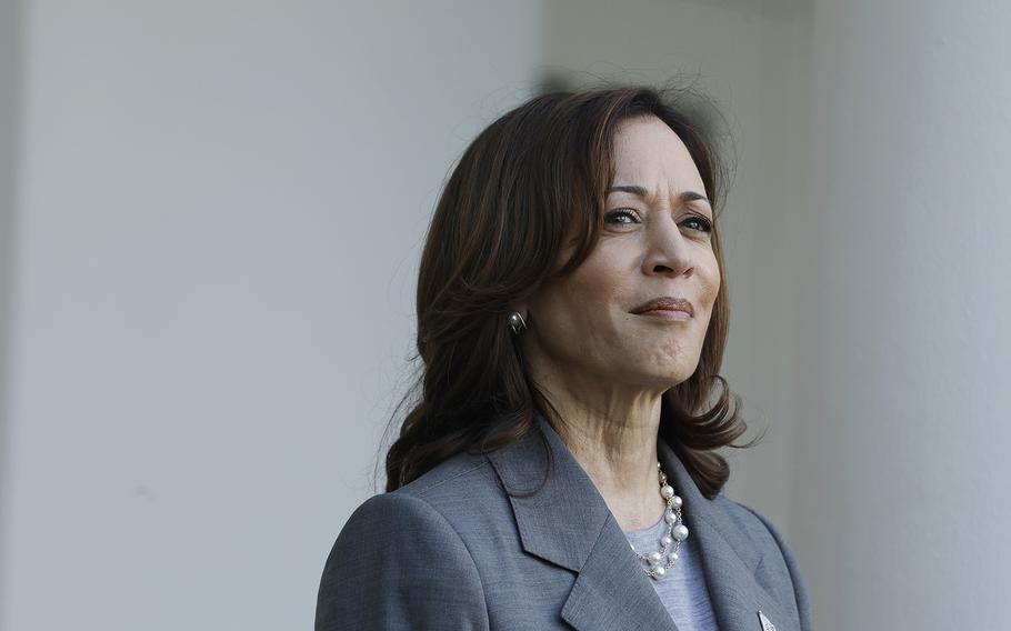 Vice President Kamala Harris looks on as second gentleman Doug Emhoff  speaks during a reception celebrating Jewish American Heritage Month in the Rose Garden of the White House on May 20, 2024, in Washington, D.C.