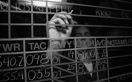 HED: USS Kitty Hawk air traffic control, 2002

USS Kitty Hawk, off the coast of Japan, Pacific Ocean, April 15, 2002: Petty Officer 2nd Class Jack Lazenby, an air traffic controller, updates flight information on a board in the USS Kitty Hawk's air traffic control center. The carrier spent its first few days out at sea qualifying pilots for carrier landings. Each pilot must complete four landings during the day and one at night to earn his carrier qualifications. 

Check out the story on USS Kitty Hawk here. https://www.stripes.com/history/2023-01-23/kitty-hawk-crew-2002-8862937.html

META TAGS: U.S. Navy; aircraft carrier; USS Kitty Hawk Battle Group; 