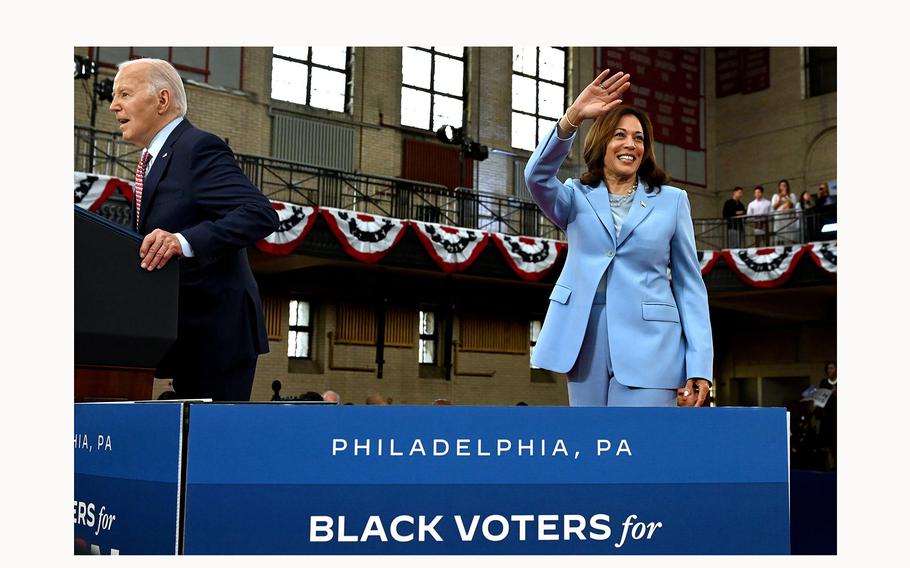 President Joe Biden and Vice President Kamala Harris campaign at Girard College in May 2024 for an event focused on Black voters. Harris will return to Philadelphia Saturday at an event aimed at boosting turnout among Asian American and Pacific Islander voters. 