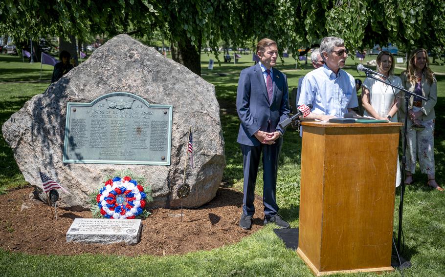 Mr. Rick Maynard speaks to a group of onlookers after receiving a Purple Heart medal from U.S. Sen. Richard Blumenthal (D-Conn.) awarded to his great-uncle Sgt. Paul Maynard during a ceremony in Guilford, Conn., on May 24, 2024. Sgt. Maynard served with the Connecticut National Guard’s 102nd Infantry Regiment in France during World War I and died on the final day of the war.