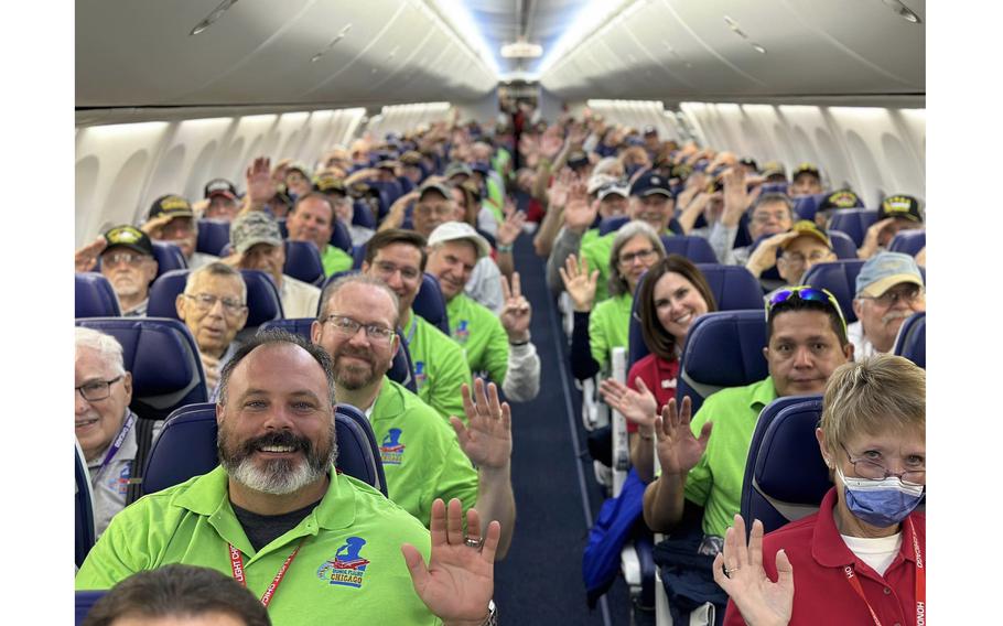 A plane packed with 110 veterans — three from WWII, 10 from Korea and 97 from Vietnam — arrives at Midway Airport in Chicago on Oct. 18, 2023.