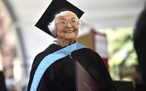 Virginia Hislop suited up in a cap and gown at age 105 to receive her master's of arts degree in education at Stanford University on June 16. 