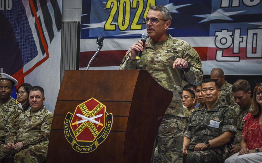 Brig. Gen. Sean Crockett, deputy commander of 8th Army, speaks during a taekwondo exhibition in Carey Fitness Center at Camp Casey, South Korea, on June 28, 2024.
