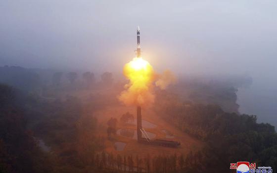 This photo provided by the North Korean government, shows what it says a test launch of new intercontinental ballistic missile "Hwasong-19" at an undisclosed place in North Korea Thursday, Oct. 31, 2024. Independent journalists were not given access to cover the event depicted in this image distributed by the North Korean government. The content of this image is as provided and cannot be independently verified. Korean language watermark on image as provided by source reads: "KCNA" which is the abbreviation for Korean Central News Agency. (Korean Central News Agency/Korea News Service via AP)