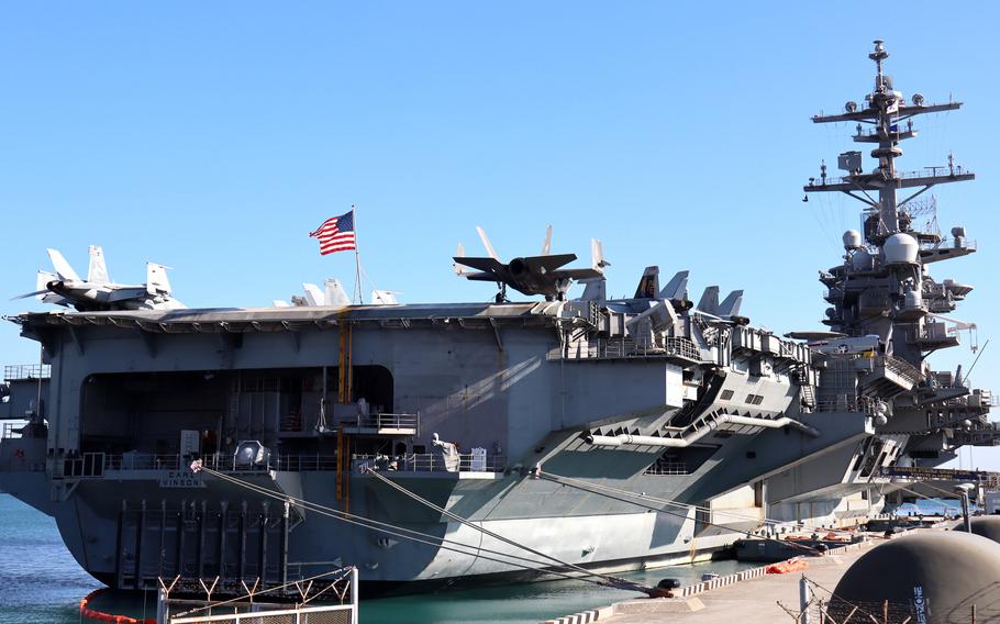 The aircraft carrier USS Carl Vinson docks in Busan.