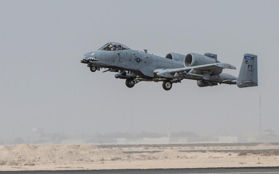 A U.S. Air Force A-10 Thunderbolt II assigned to the 75th Expeditionary Fighter Squadron takes off from Al Dhafra Air Base, United Arab Emirates on Sept. 27, 2023. A-10s from the 354th Fighter Squadron also are heading to the Middle East, U.S. Central Command said Oct. 12.