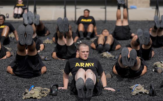 New recruits participate in the Army's future soldier prep course that gives lower-performing recruits up to 90 days of academic or fitness instruction to help them meet military standards at Fort Jackson, a U.S. Army Training Center, Wednesday, Sept. 25, 2024, in Columbia, S.C. (AP Photo/Chris Carlson) call