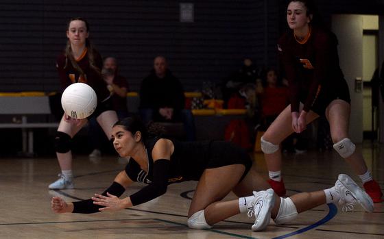 Vilseck libero Jayslin Santellano goes to the floor in a match against Stuttgart in round-robin play of the Division I DODEA European championships on Oct. 31, 2024, at Southside Fitness Center on Ramstein Air Base, Germany.